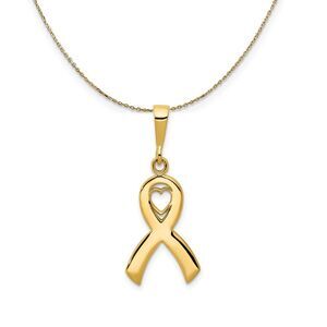 14k Yellow Gold Polished Heart in Awareness Ribbon Necklace - 24 Inch